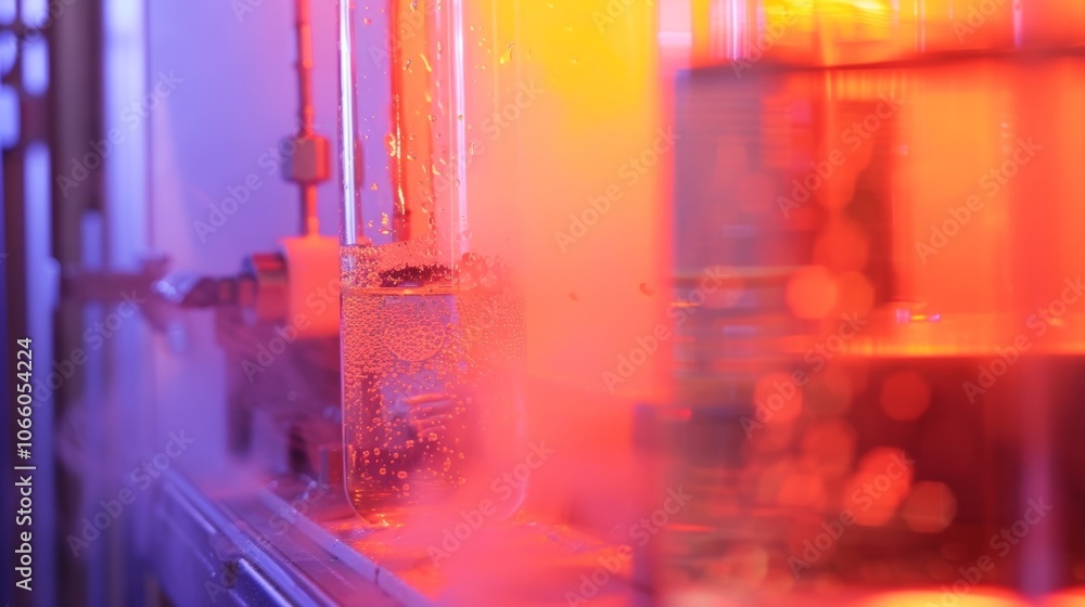 Poster chemical reaction is bubbling in a beaker in a lab with a blurred scientist working in the backgroun