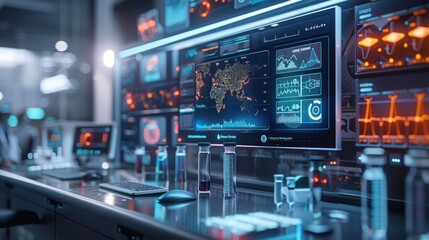 Obraz premium Futuristic Control Room with Data Displays