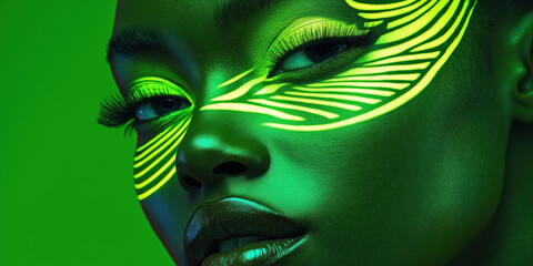Futuristic neon artistry: close-up of model with green glow and abstract face paint