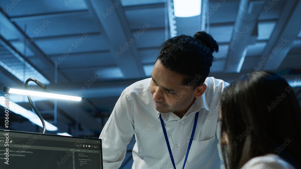 Poster teamworking colleagues in high tech data center managing and maintaining databases, ensuring data in