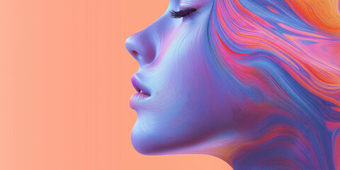 Colorful abstract portrait of woman with vibrant fluid hair patterns