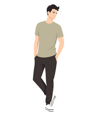 Naklejka premium Vector illustration. Man in khaki T-shirt and black trousers, hands in pockets. Trendy image, emphasizing confidence and style. Suitable for everyday wardrobe, giving the image lightness.