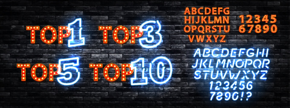 Vector set of neon sign of Top 1, Top 3, Top 5 and Top 10 logo with alphabet font isolated on wall background.