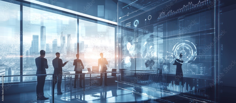 Poster silhouettes of business people stand in front of a large screen displaying data and graphs.