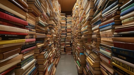 Obraz premium A narrow hallway filled with towering stacks of books, leaving only a small path through, representing the hoarding of books in extreme disorder.