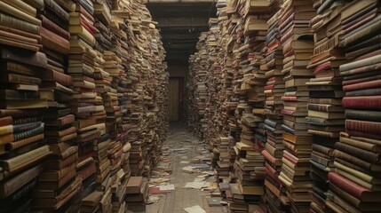 Obraz premium A narrow hallway filled with towering stacks of books, leaving only a small path through, representing the hoarding of books in extreme disorder.