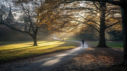 Obraz premium A person jogging in a park during sunrise, capturing the daily routine of regular exercise for a healthy lifestyle.