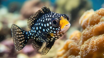 Obraz premium A black and white spotted fish with a yellow face swims near a coral reef.