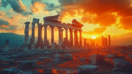 Fototapeta premium Ancient ruins of a temple with a stunning sunset backdrop. The remains of the temple are seen with pillars and walls against a vivid orange and purple sky, creating a dramatic and historical scene.