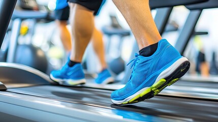 Fototapeta premium A person running on a treadmill at the gym, with a focus on maintaining a weekly goal of 150 minutes of cardio exercise.