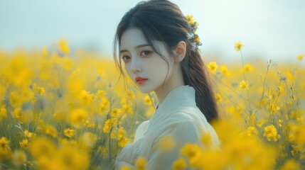 Naklejka premium A young woman with long dark hair stands in a field of yellow flowers, looking directly at the camera. She is wearing a white dress and has a soft smile on her face.