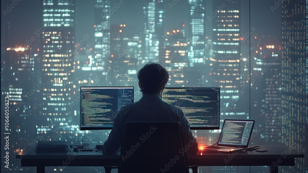 Poster a lone programmer working late at night in a high-rise office with a city skyline view.