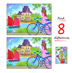 Find 8 differences. Illustration of a girl cycling along the coast of France during summer holiday. Logic puzzle game for children and adults. Page for kids brain teaser book. Flat vector drawing.