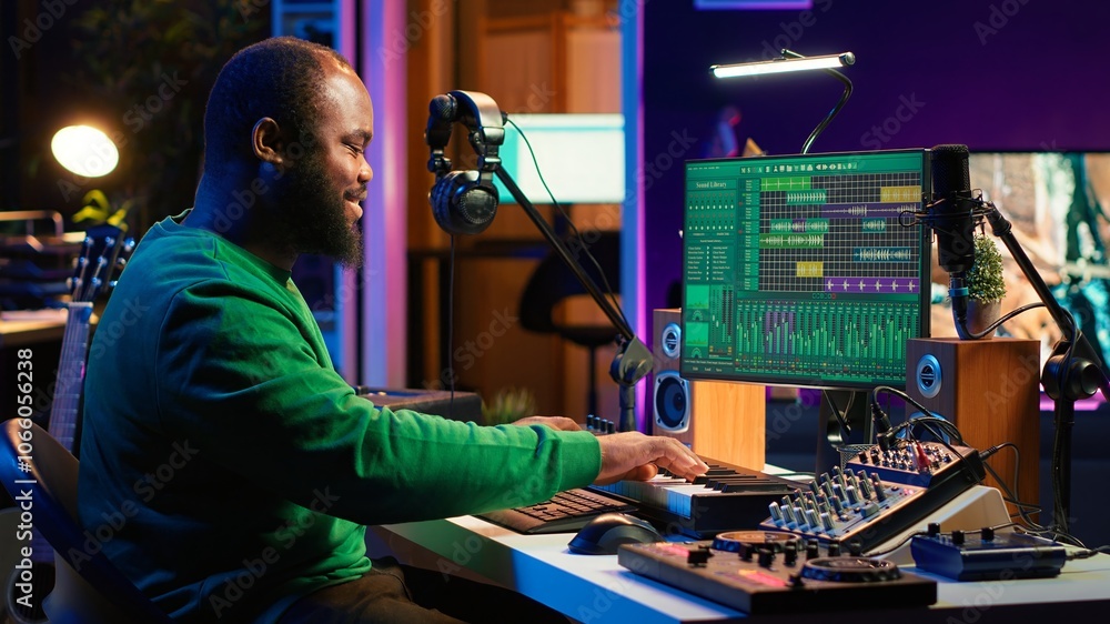 Poster Audio engineer recording and producing new tunes on professional pc software, using mixing console and midi controller to create new music. Artist composer uses stereo gear at home studio. Camera A.