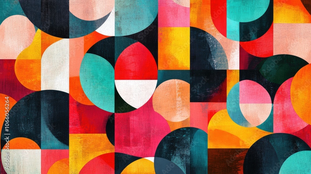 Poster a vibrant mosaic abstract background featuring geometric patterns in bright, contrasting colors, wit