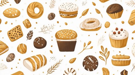 A Seamless Pattern of Various Baked Goods with Twigs and Dots