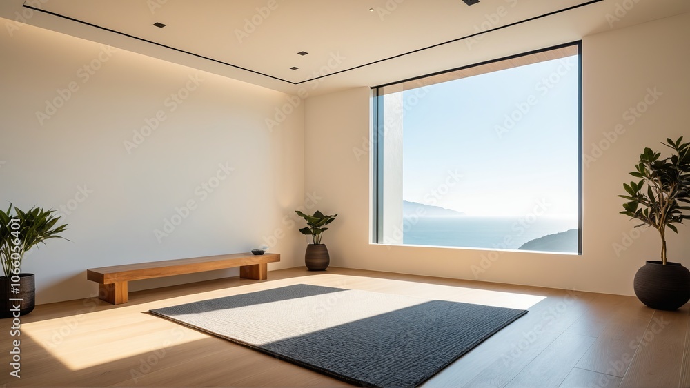 Poster minimalist coastal room with large window and ocean view