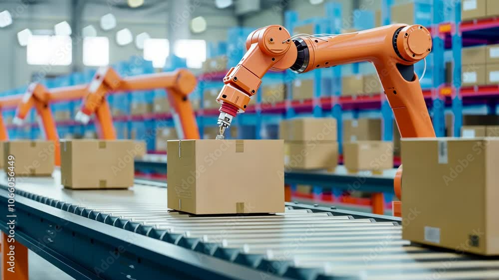 Poster automated robotic arm on conveyor belt in modern warehouse sorting and packaging boxes for efficient