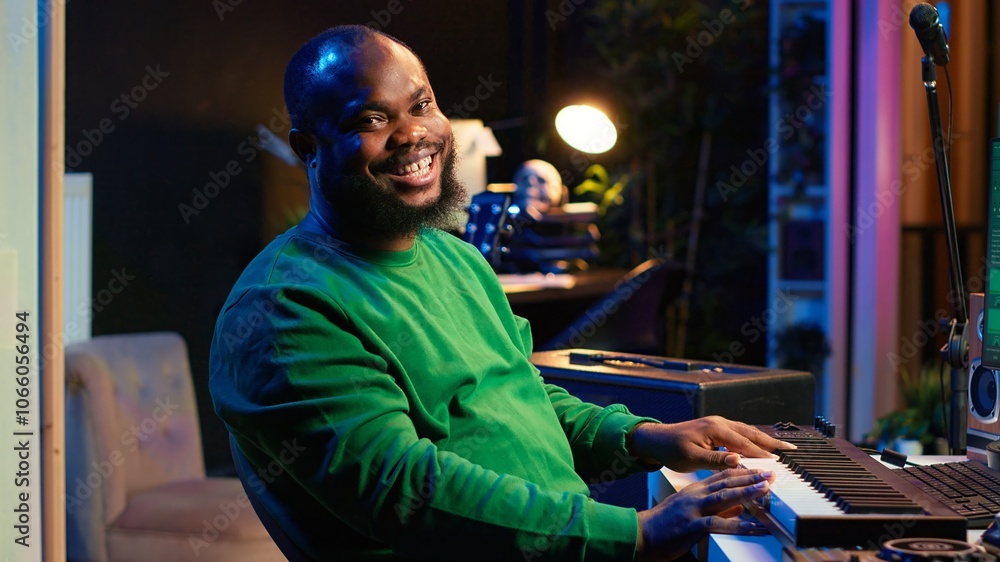 Leinwandbilder Musician playing piano keyboard and recording tracks for mix and master session, using digital software on pc to create new songs. Sound producer composing music with midi controller tool. Camera A.