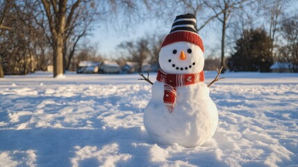 Obraz premium snowman in the snow at a sunrise