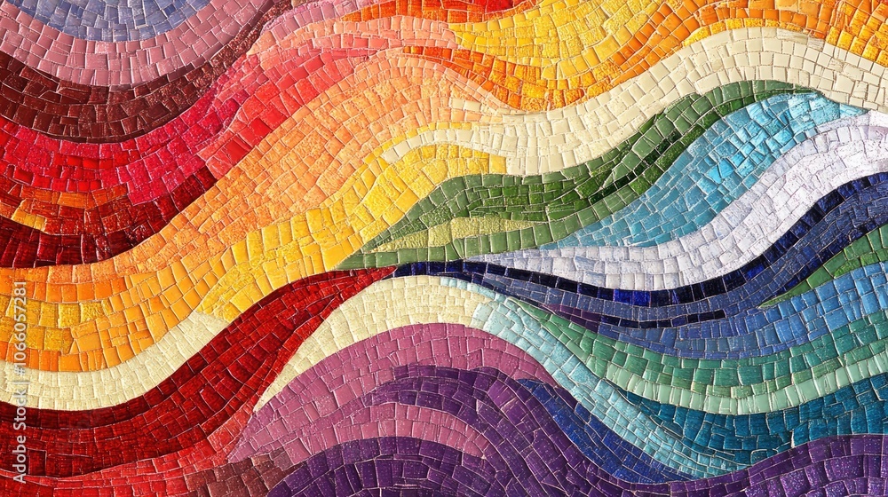 Poster colorful mosaic tiles arranged in an abstract, flowing pattern, creating a textured, artistic backgr
