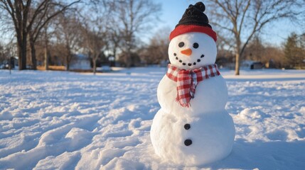 Fototapeta premium snowman in the snow at a sunrise