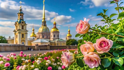 Obraz premium Close-up view of blooming rosebuds in Peter and Paul Fortress, Saint Petersburg, Russia, Rose, Bush