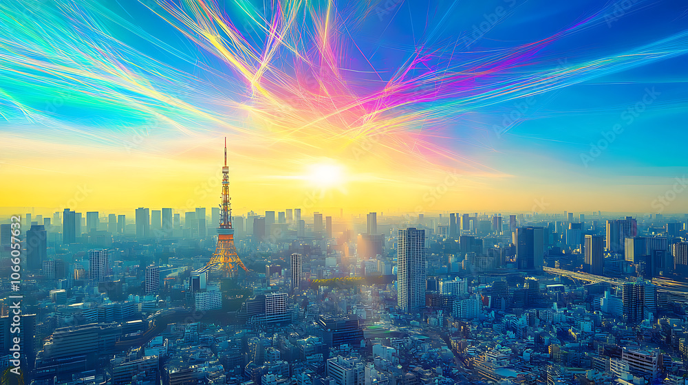 Poster view of the tokyo skyline, a cityscape with a blue sky and bright sunlight, digital light streaks in