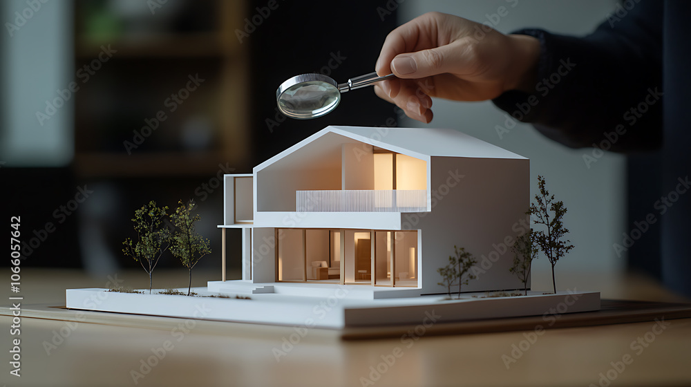 Poster real estate agent using a magnifying glass on a house model on a table, a realtor examining a small-
