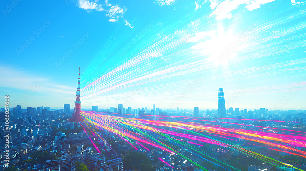 Poster view of the tokyo skyline, a cityscape with a blue sky and bright sunlight, digital light streaks in