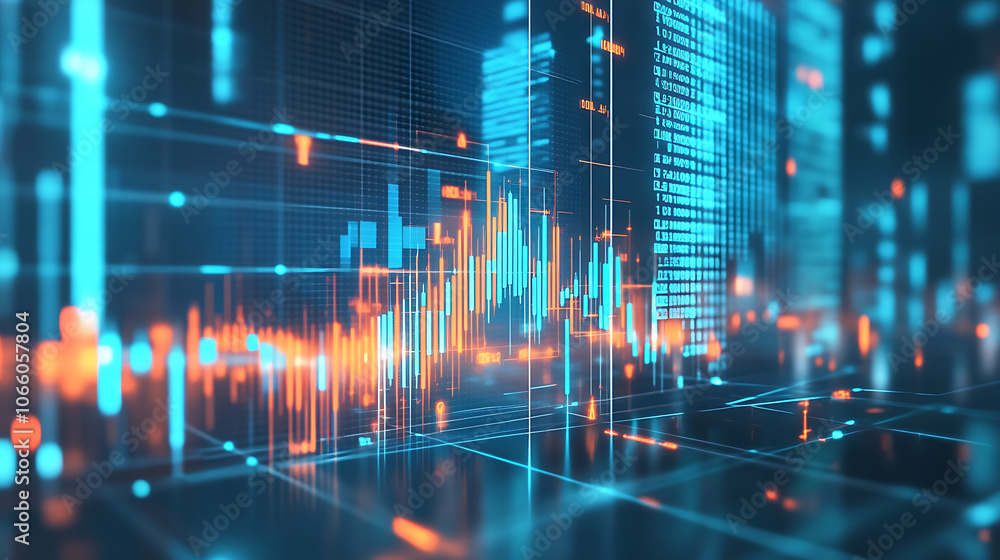 Poster a stock market graph going up, with houses on the bar graph, against a blue background, and an arrow