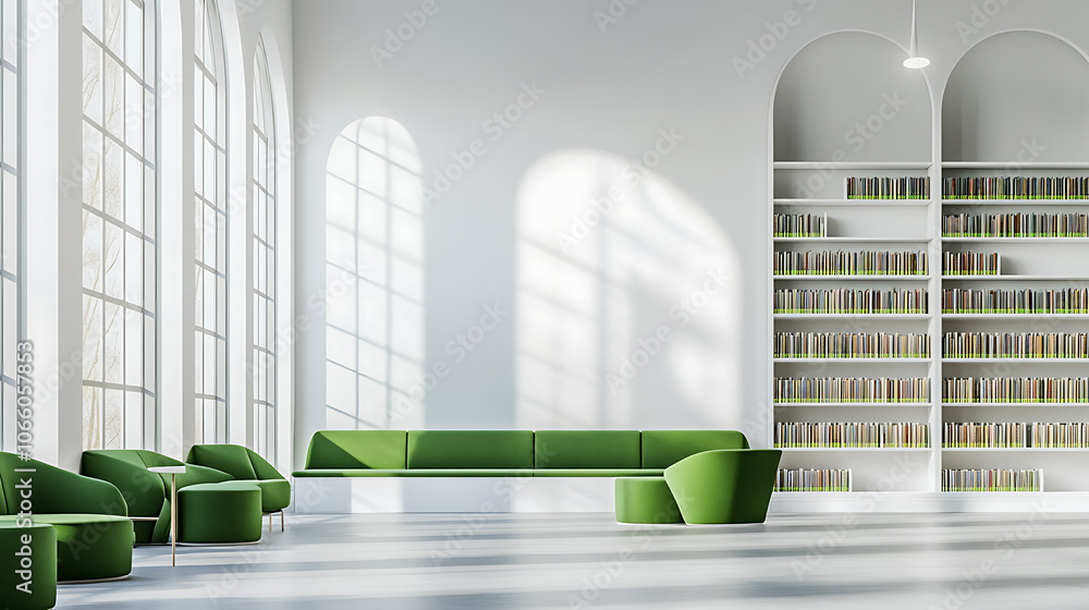 Fototapete a modern library with white walls and green seating, offering an open space for reading or socializing The background is blank to be used as an advertising mockup Generative AI