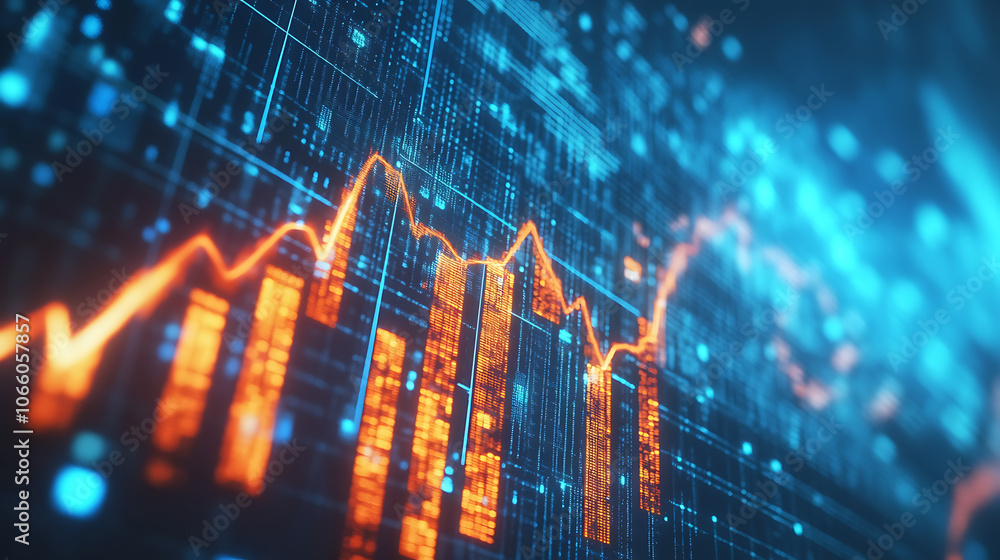 Poster a stock market graph going up, with houses on the bar graph, against a blue background, and an arrow