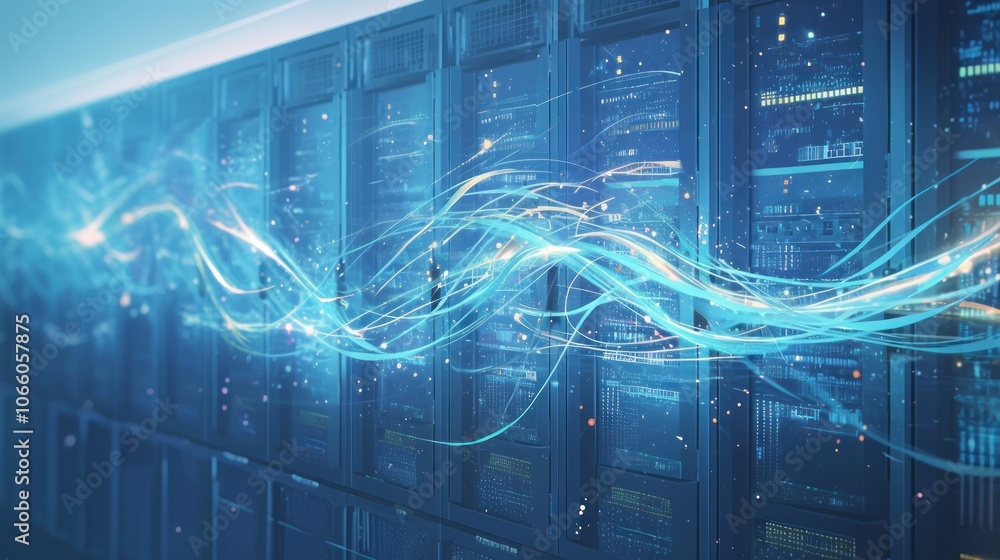 Poster a server room with glowing blue lines representing data flow.