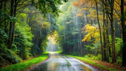 Obraz premium Rain falling on a tranquil forest road surrounded by lush greenery during a cloudy day in early autumn, rain, forest, road, lush