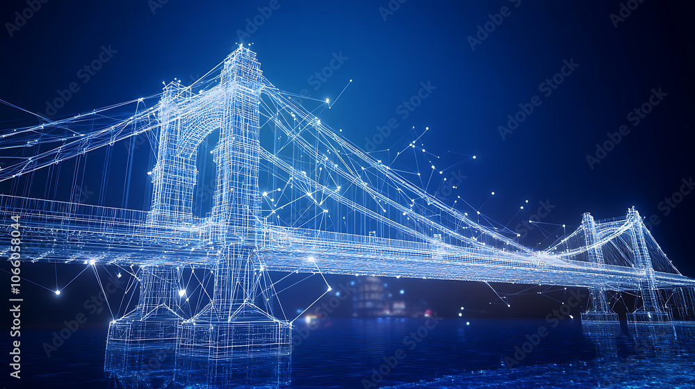 Poster wireframe blueprint of modern bridge on blue background