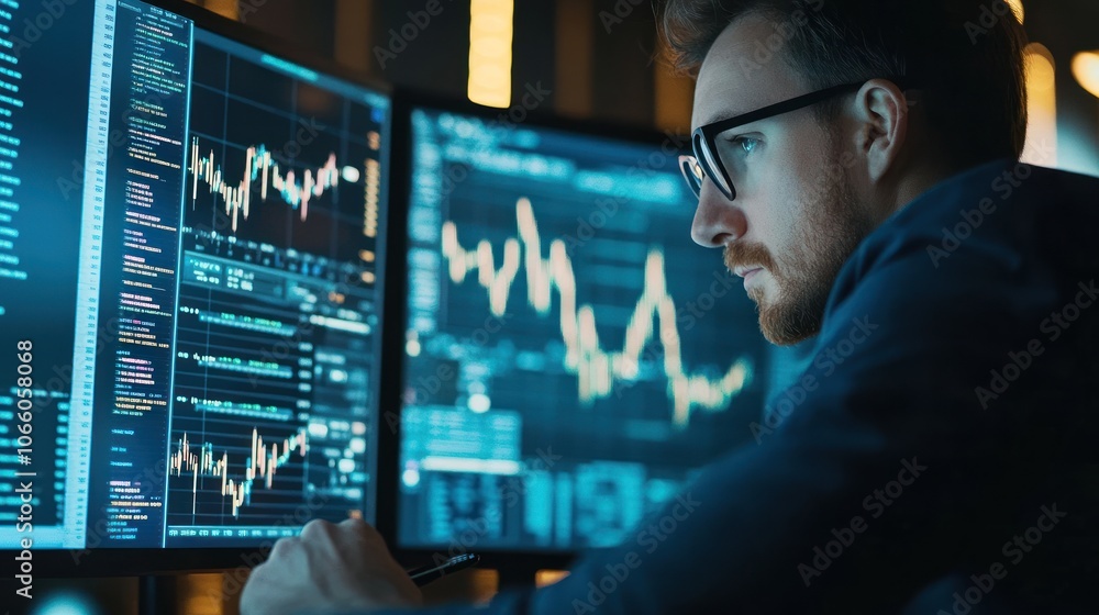 Poster Man Analyzing Financial Data on Computer Screens