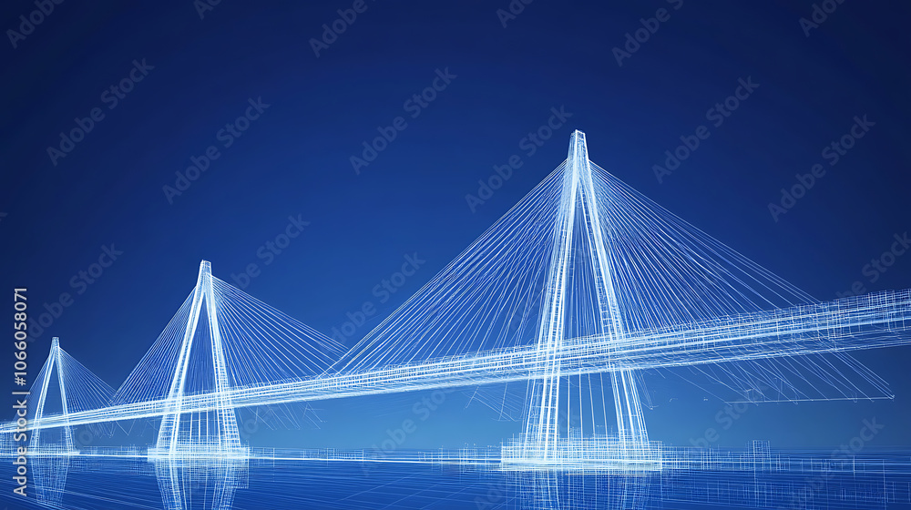 Poster wireframe blueprint of modern bridge on blue background