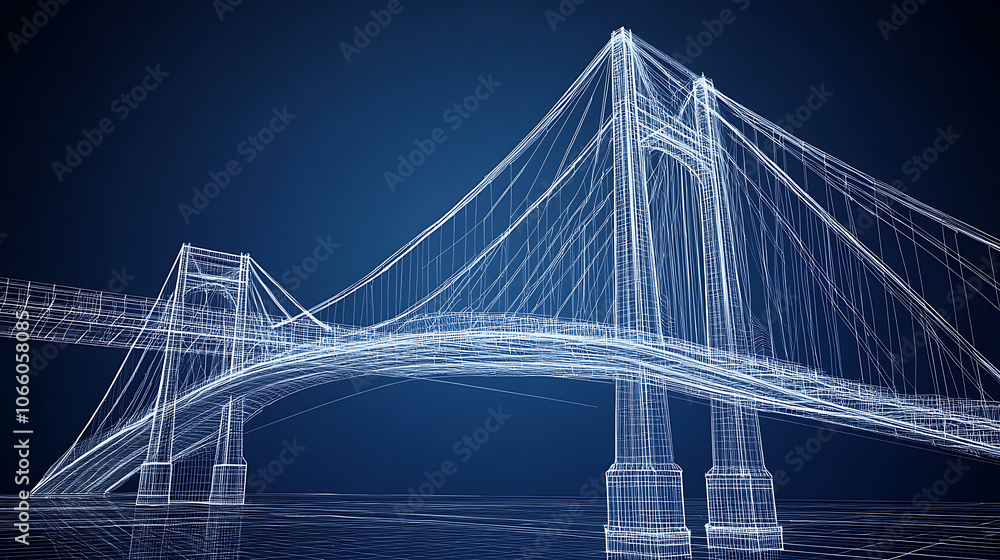 Poster Wireframe blueprint of modern bridge on blue background