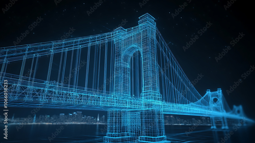 Poster Wireframe blueprint of a modern suspension bridge on blue background
