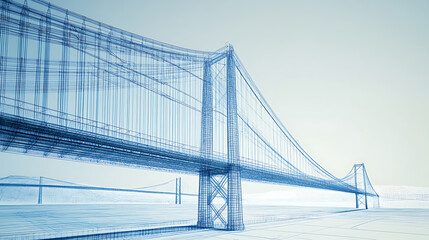 Fototapeta premium Wireframe blueprint of a modern suspension bridge on blue background
