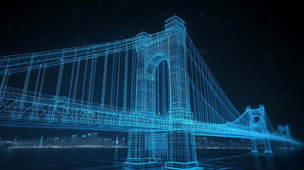 Fototapeta premium Wireframe blueprint of a modern suspension bridge on blue background