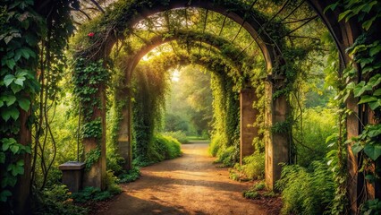 Fototapeta premium Serene archway covered in vines in an abandoned garden setting , serene, archway, abandoned, garden, setting, vines