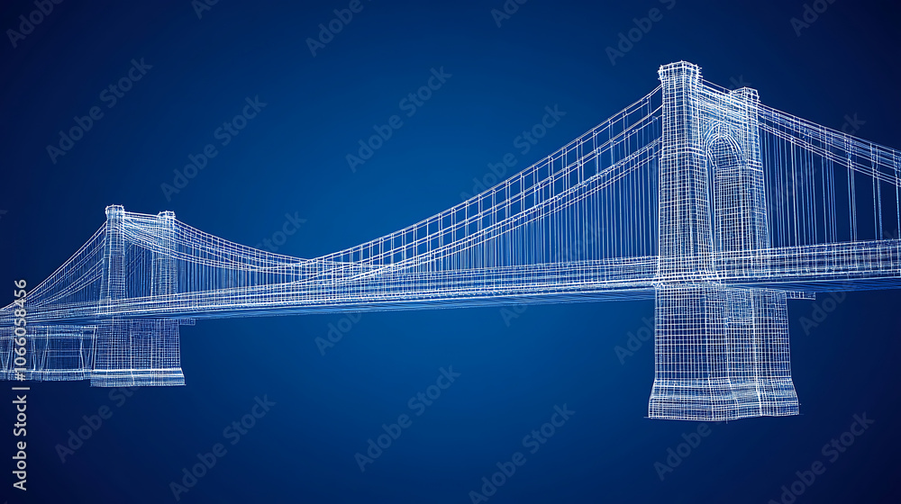 Poster Wireframe blueprint of a modern suspension bridge on blue background