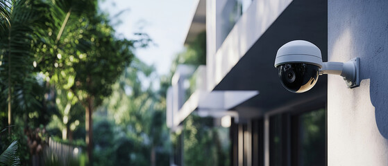 Modern residence featuring fixed CCTV camera in lush outdoor setting, enhancing security and peace of mind. sleek design complements contemporary architecture