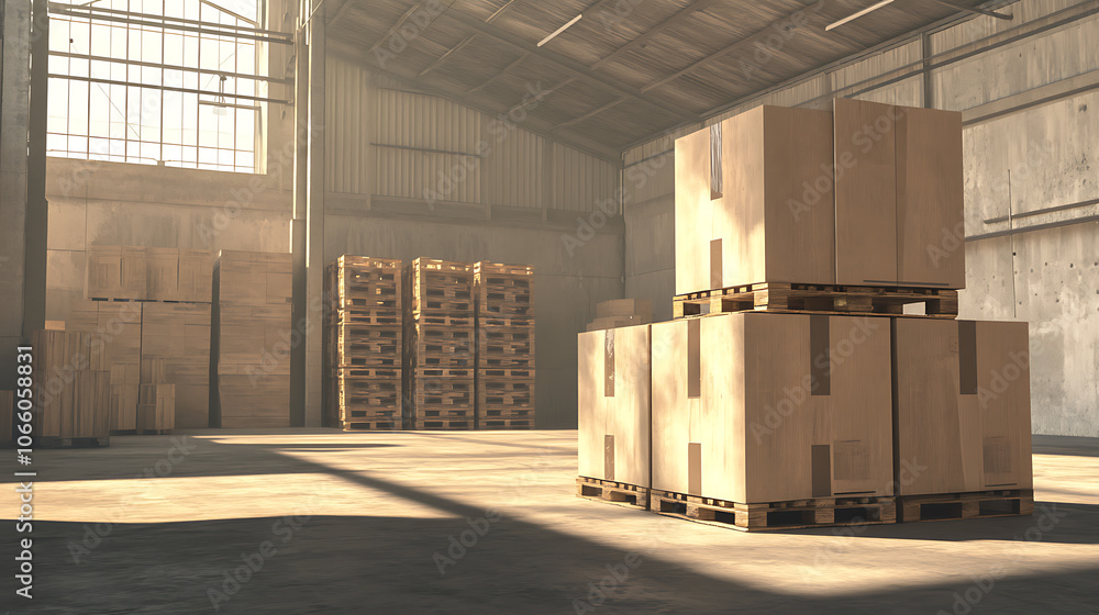 Poster Three large cardboard boxes stacked on top of each other in the foreground, with an empty warehouse behind them and pallets containing more boxes in the background Generative AI