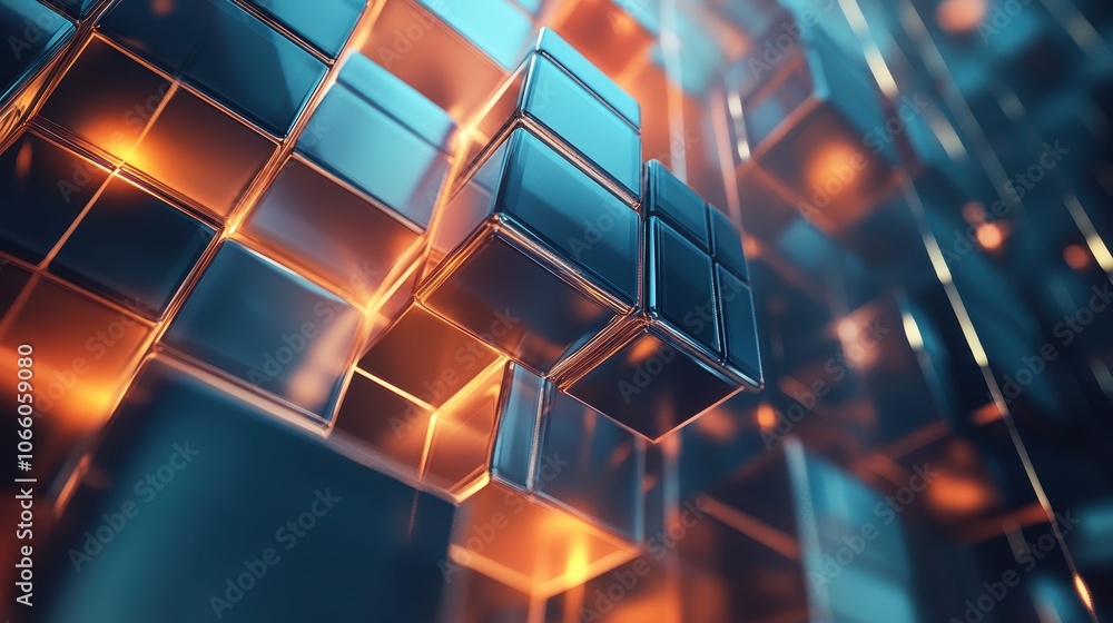 Poster abstract 3d metallic cube pattern with orange and blue gradient - modern geometric background