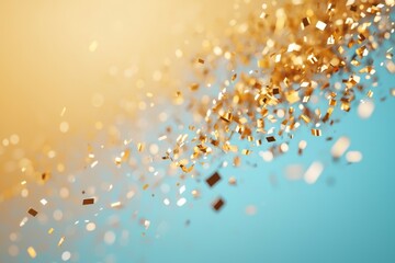A bright yellow and blue background with gold glitter falling from the sky