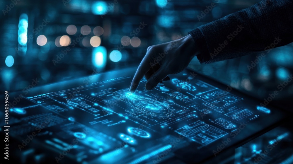 Poster hand interacting with a futuristic interface