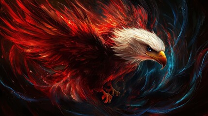 Fototapeta premium Fiery Eagle with Abstract Red and Blue Feathers on Black Background.
